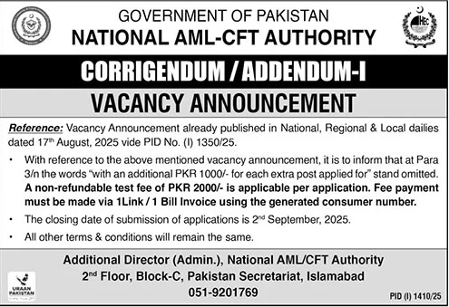 Jobs in National AML-CFT Authority Islamabad